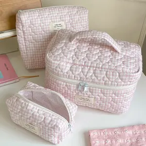 3-Piece Gingham Pattern Makeup Bag Set, Travel Accessory, Portable Travel Makeup Bags Cosmetic Bag Organizer Pouch Multifunctional Storage Bag For Women Clutch With Zipper Closure For Cosmetics,Brush,Skincare