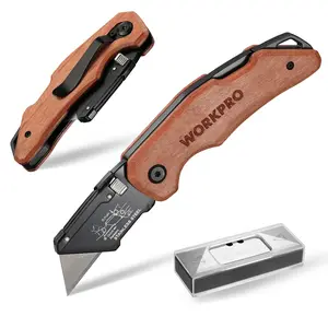 #JumpstartSale WORKPRO Folding Utility Knife with Stainless Steel Head, Quick-change Blade & Back Lock, Wood Handle Heavy Duty Box Cutter, 1PC Razor Knife with Extra 10COUNT SK5 Blades