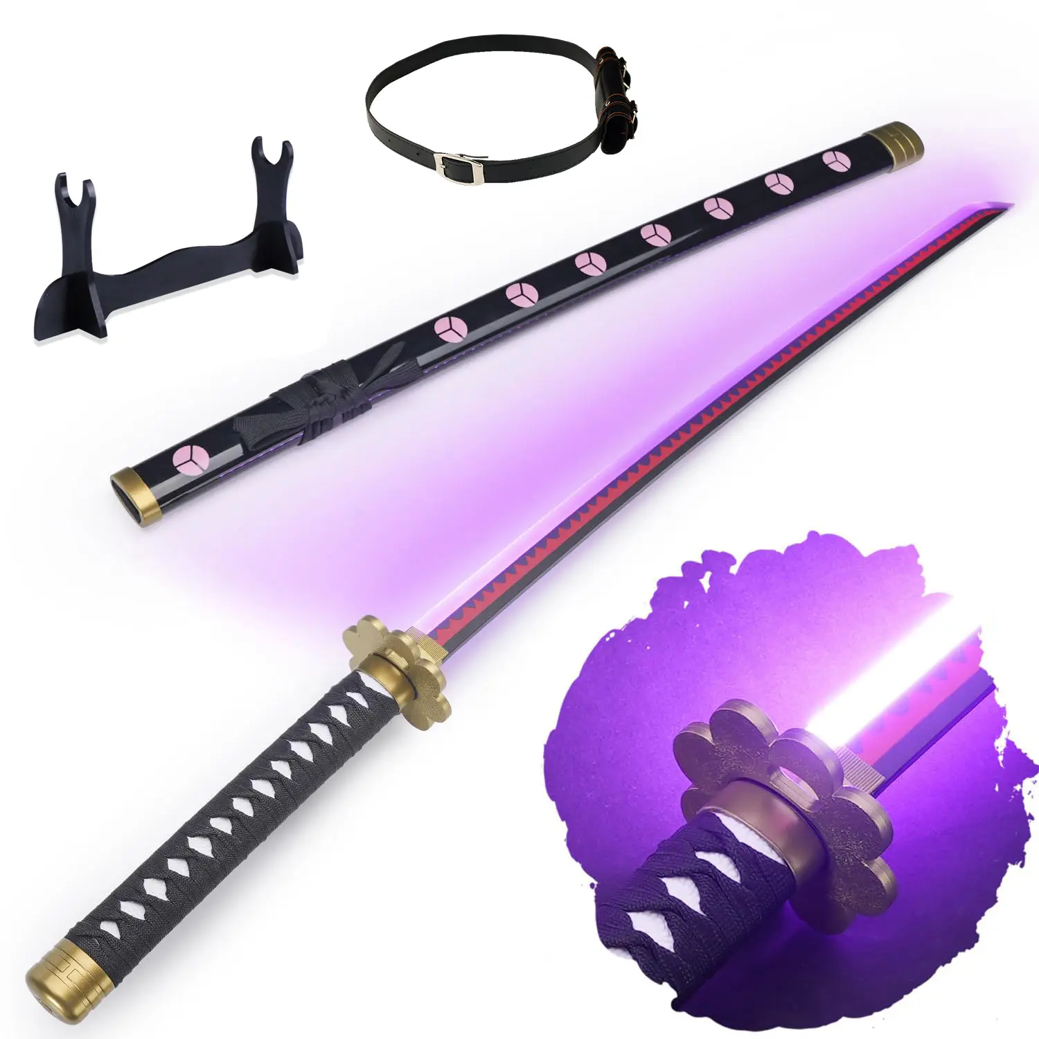 Roronoa Zoro Shusui Light Up Sword, 41-Inch Plastic Fantasy Replica for Cosplay, Decoration & Collection, LED Prop with Belt & Display Stand, Anime Collectors, Led Powered, Prop Kit, Cosplay Prop