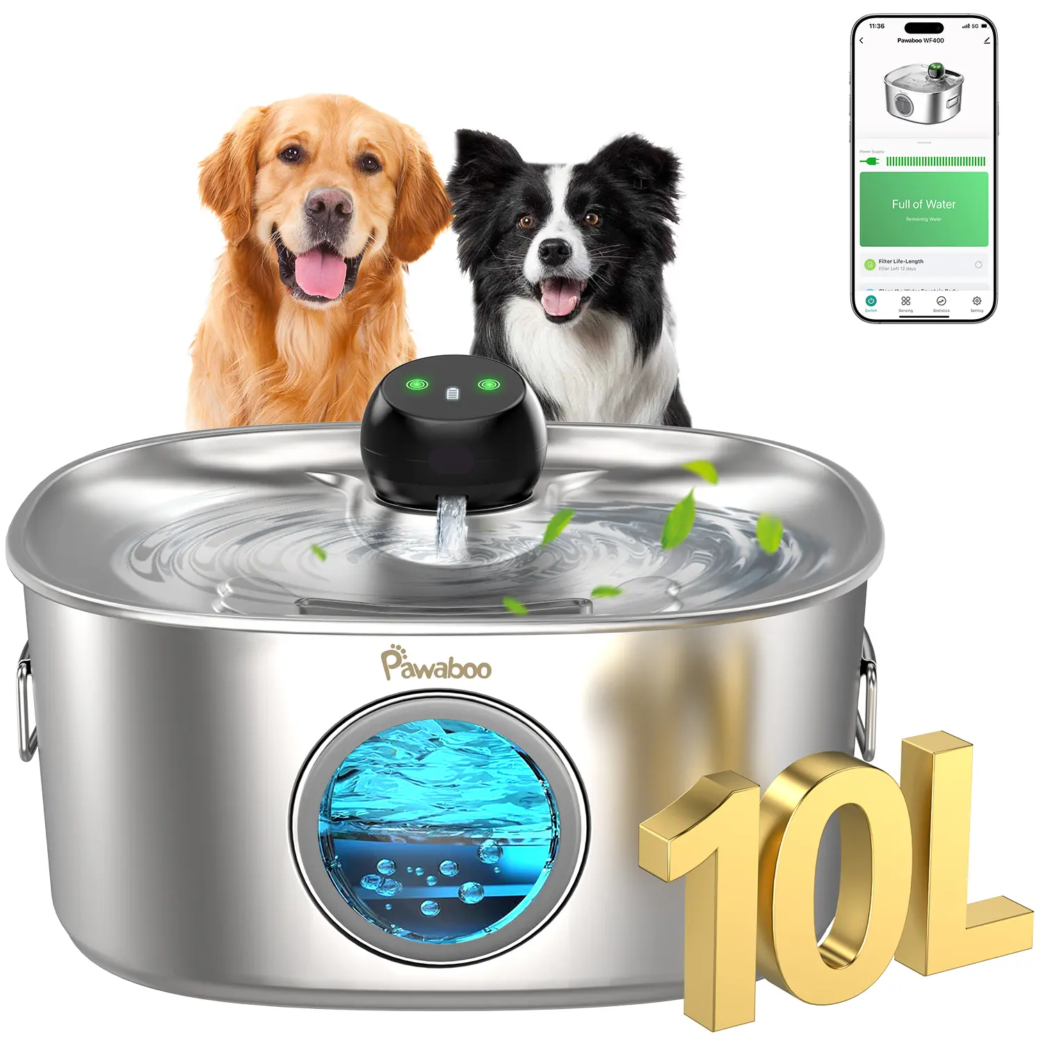 Automatic Dog Water Bowl Dispenser with APP 2.4G WiFi, 10L/2.64Gal Dog Water Fountain for Large Dogs, Multi-Filtered Stainless Steel Cordless Pet Water Dispenser for Big Breeds and Multi-Pet Homes
