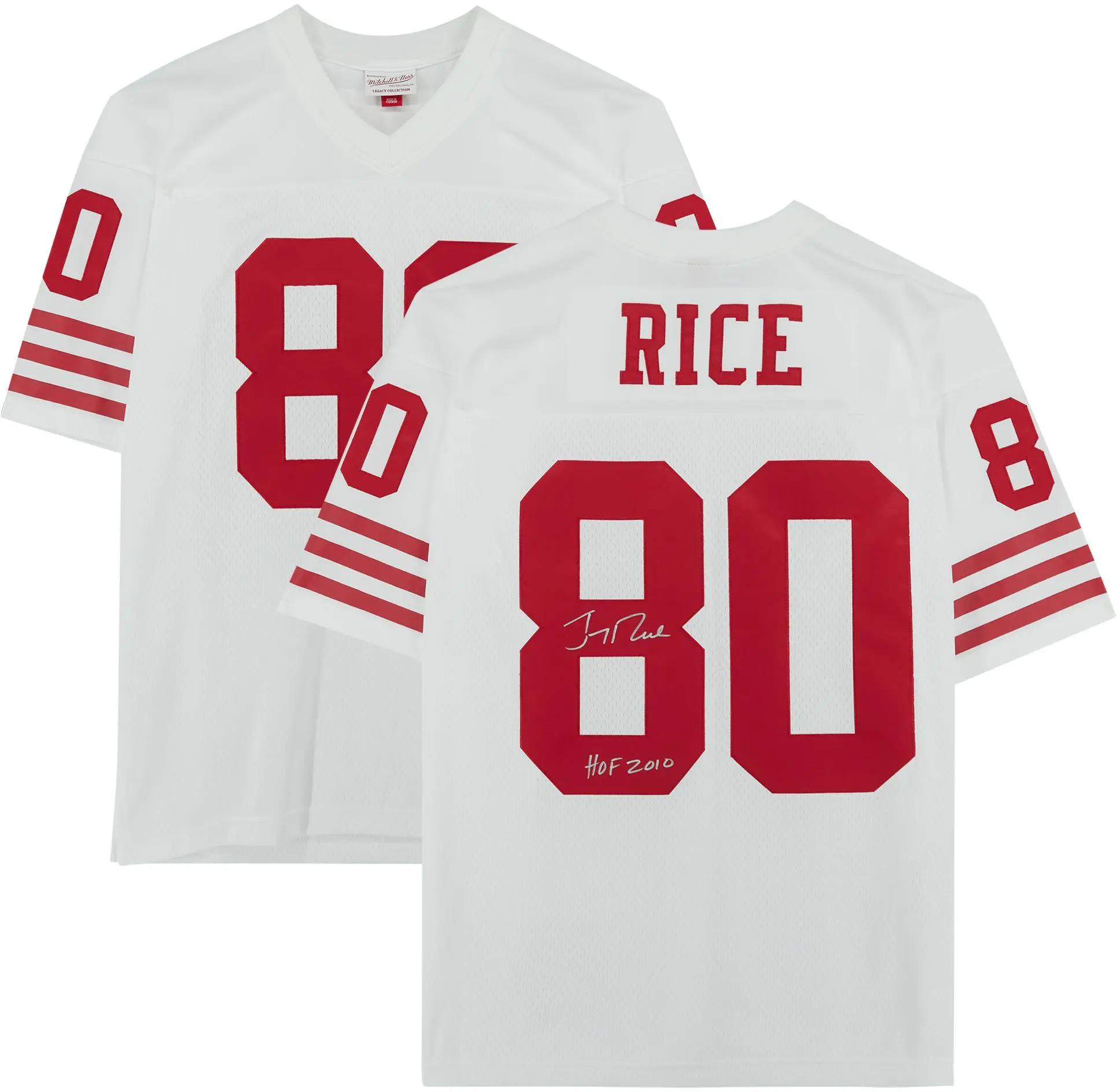 Jerry Rice San Francisco 49ers Autographed White Mitchell & Ness Replica Jersey with "HOF 2010" Inscription - Fanatics Authentic Certified