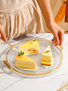 Amber/Clear Reusable Plastic Serving Tray with Diamond Decorations & Gold Handles – Ideal for Entertaining, Breakfast Serving, Coffee Table Display & Home Decor