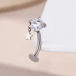 Oufer 14G Titanium Threadless/Push Pin Dangle Star CZ Belly Ring Bar Length 10mm