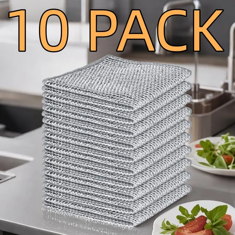 10-Pack Thickened Dense Silver Steel Wire Cleaning Cloths, Abrasive Resistant, Non-Scratch, No Shedding, Non-Stick Oil, Durable Daily Kitchen Cloths for Dish Polishing, Steel Wire Dishcloth