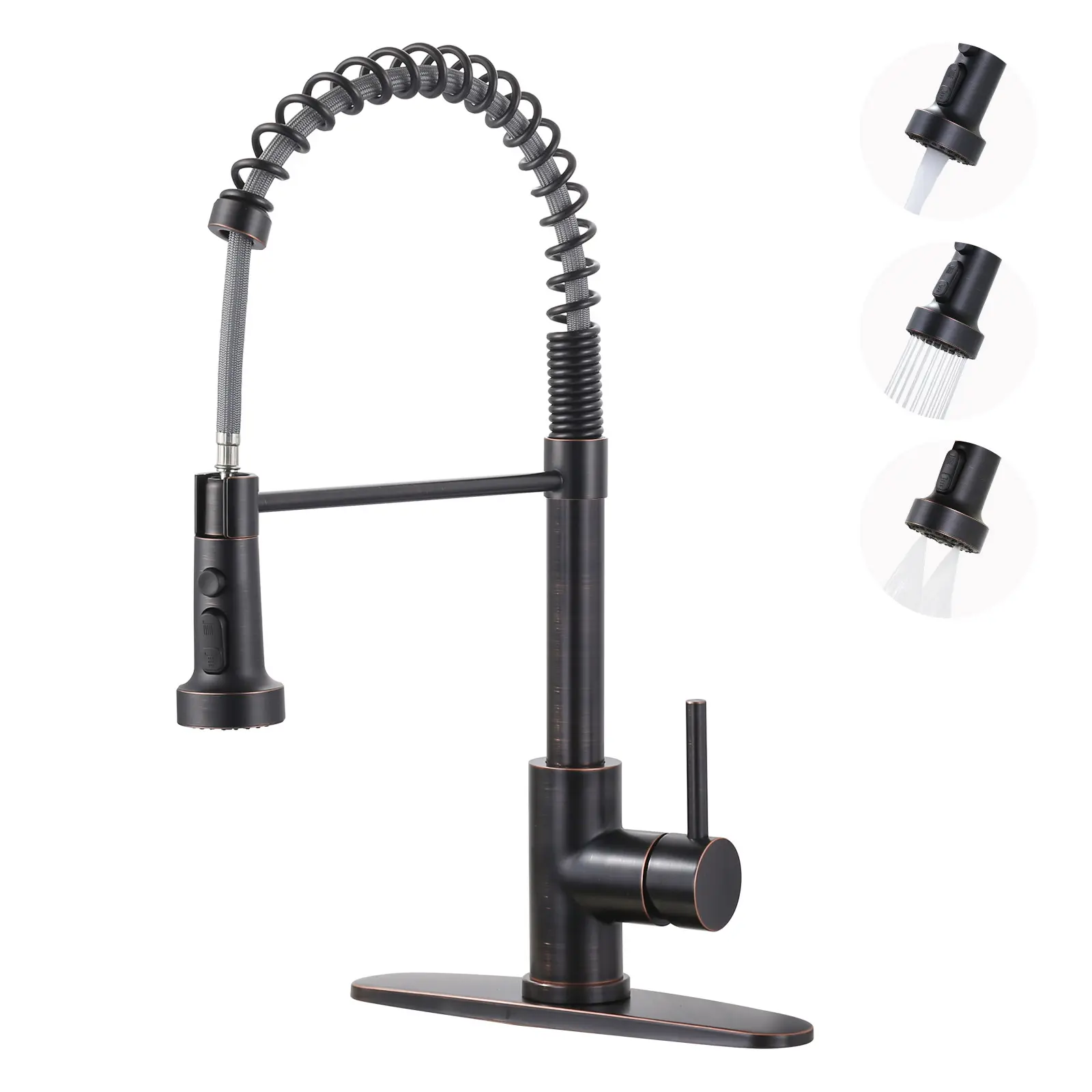 WOWOW High Arc Single-Handle Pull-Down Sprayer Kitchen Faucet, 3 Spray Modes, Stainless Steel Build, Oil Rubbed Bronze Finish, Faucet Sprayer Attachment, High Arc Faucet