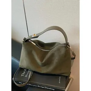 American Minimalist Vintage Suede Top-Handle Bag, Zipper Closure, Versatile Daily Handbag for Work & Casual