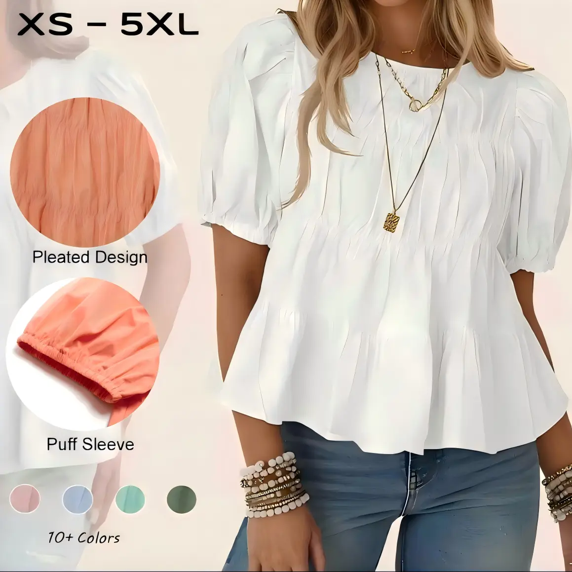 TANKANEO Women's Basic Puff Sleeve Peplum Babydoll Blouse - XS-5L Seamless Smoked Pleated Cotton Top, Breathable Casual Loose Flowy Going Out Trending Shortsleeve Women's Clothes for Summer Beach, Evening Skirt Pairing, Women's Fashion