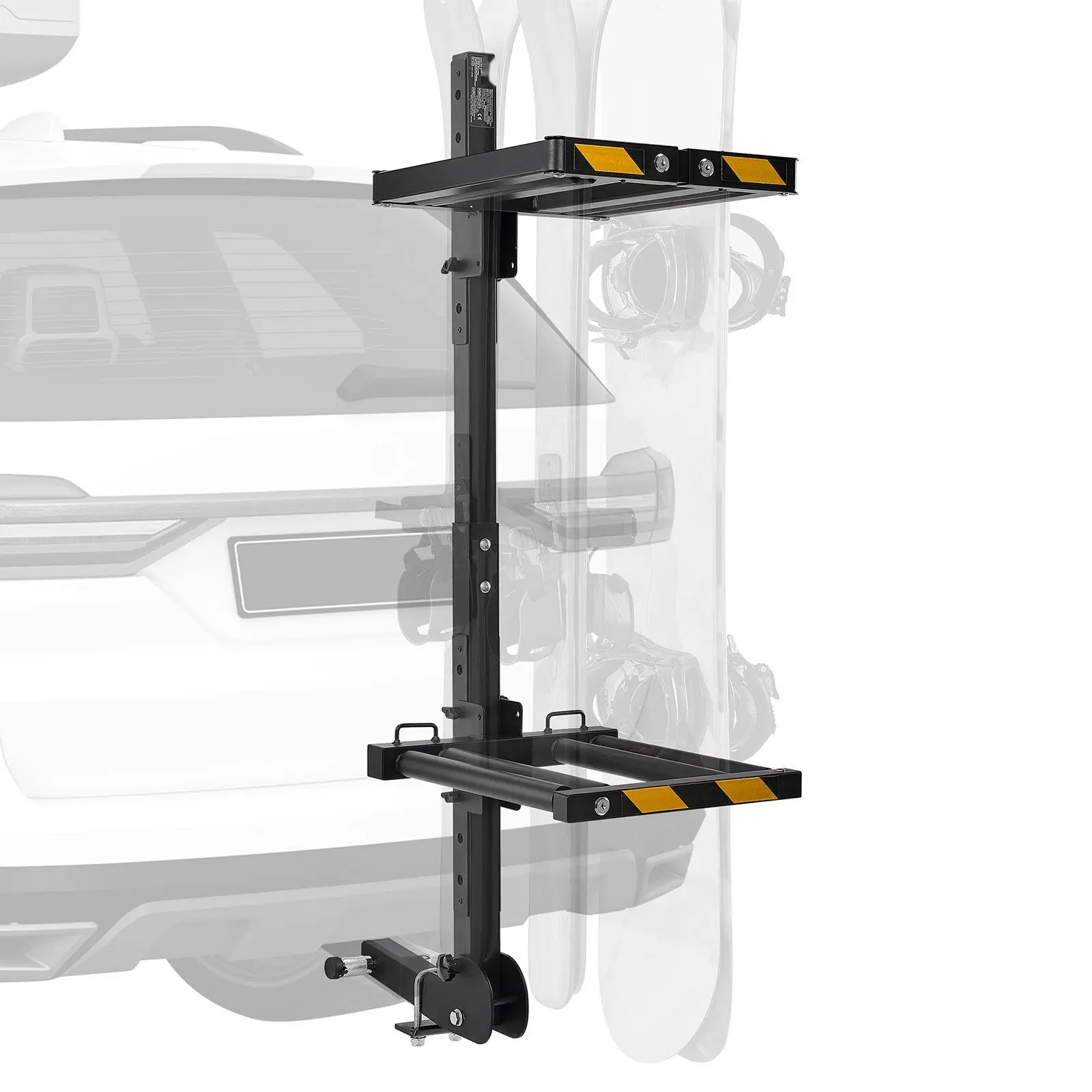 Folding Hitch Mounted Ski & Snowboard Rack, Fits 2-Inch Receiver, Carries Up To 6 Pairs Of Skis Or 4 Snowboards, Adjustable Hitch-Mounted Rack For Car With Key Lock, Security Strap, Tilt Access