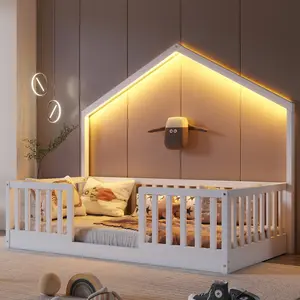 Twin Floor Bed with High Rails, Wooden Montessori Bed with Light for Kids, Boys and Girls, No Box Spring Needed