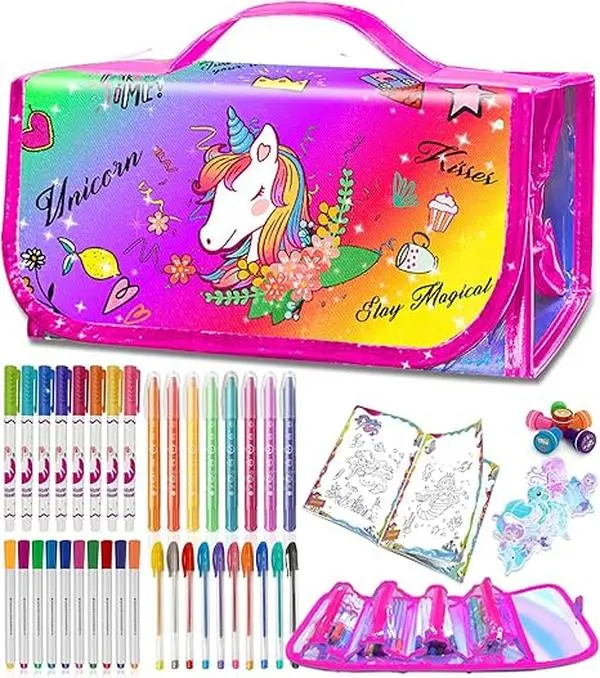 weirtoya 56 PCS Washable Scented Markers with Glitter Pencil Case, Mermaid Unicorn Arts and Crafts for kids 4-6-8 Kids Coloring Drawing Kits for 4-8 Years Old Girls Xmas Gifts Stocking Stuffers