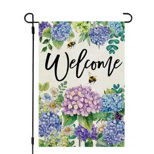 Floral Hydrangea Welcome Garden Flag 12x18 Inch Double Sided - Summer Flower Bumblebee Burlap Yard Decoration, Outside Seasonal Farmhouse Decor