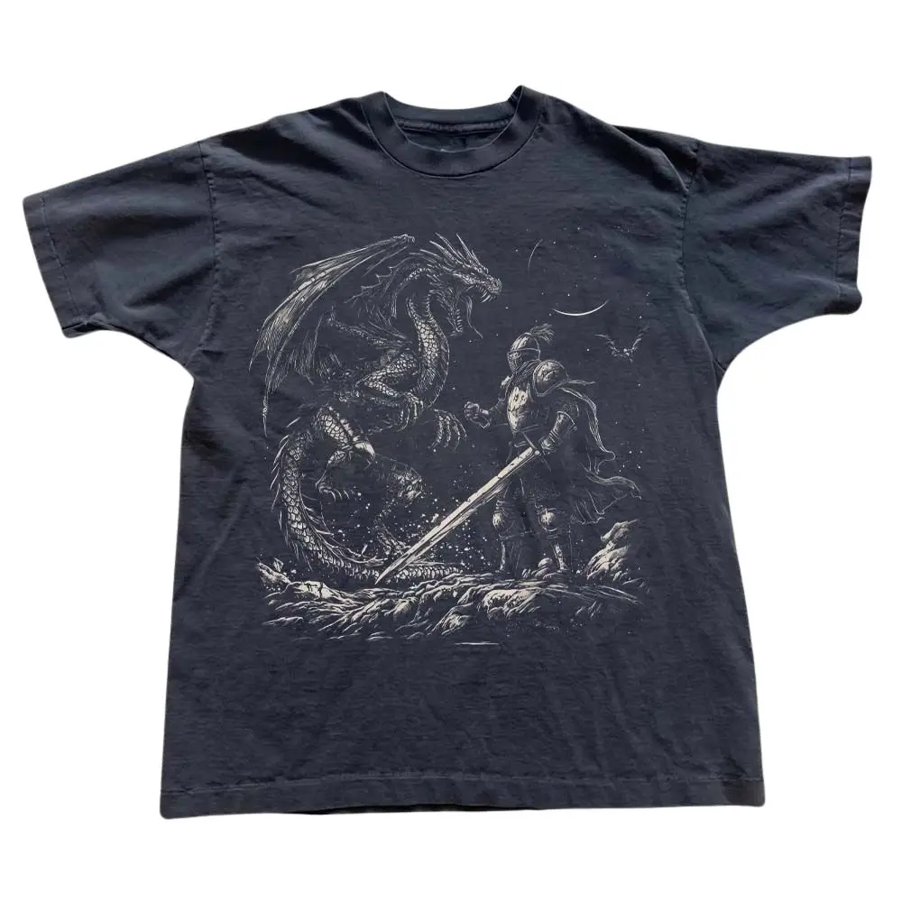 Dragon and Knight Shirt, Dark Fantasy Graphic Comfort Color Tee, Retro Crewneck Medieval Tshirt, Bookish Boyfriend Gift for Him