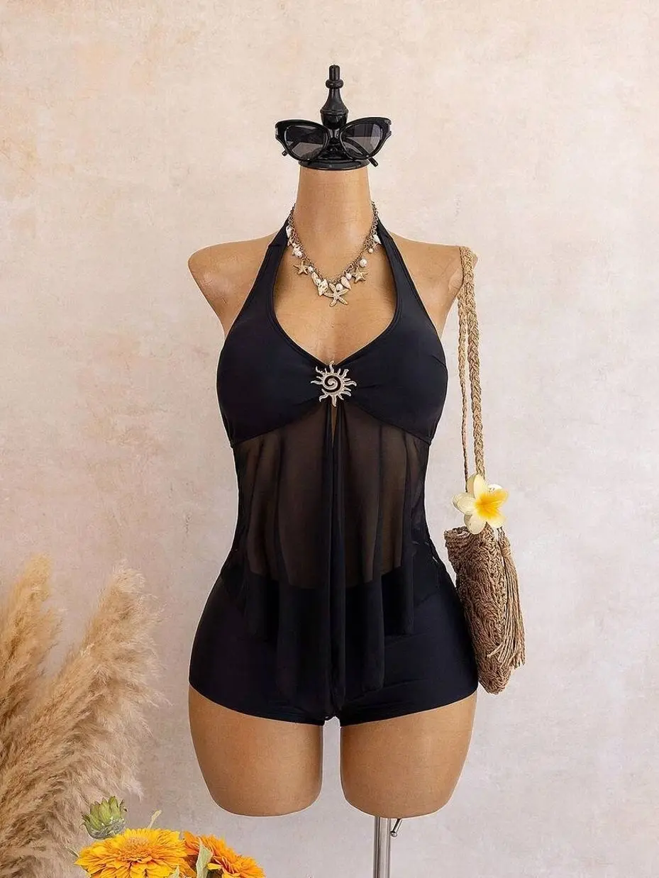Bellisia French Elegant Halter Tankini Swimsuit | Silver Sun Metal Charm Mesh Splice Swim Dress | Sexy Tummy Control Boyshorts 2-Piece Bathing Suit
