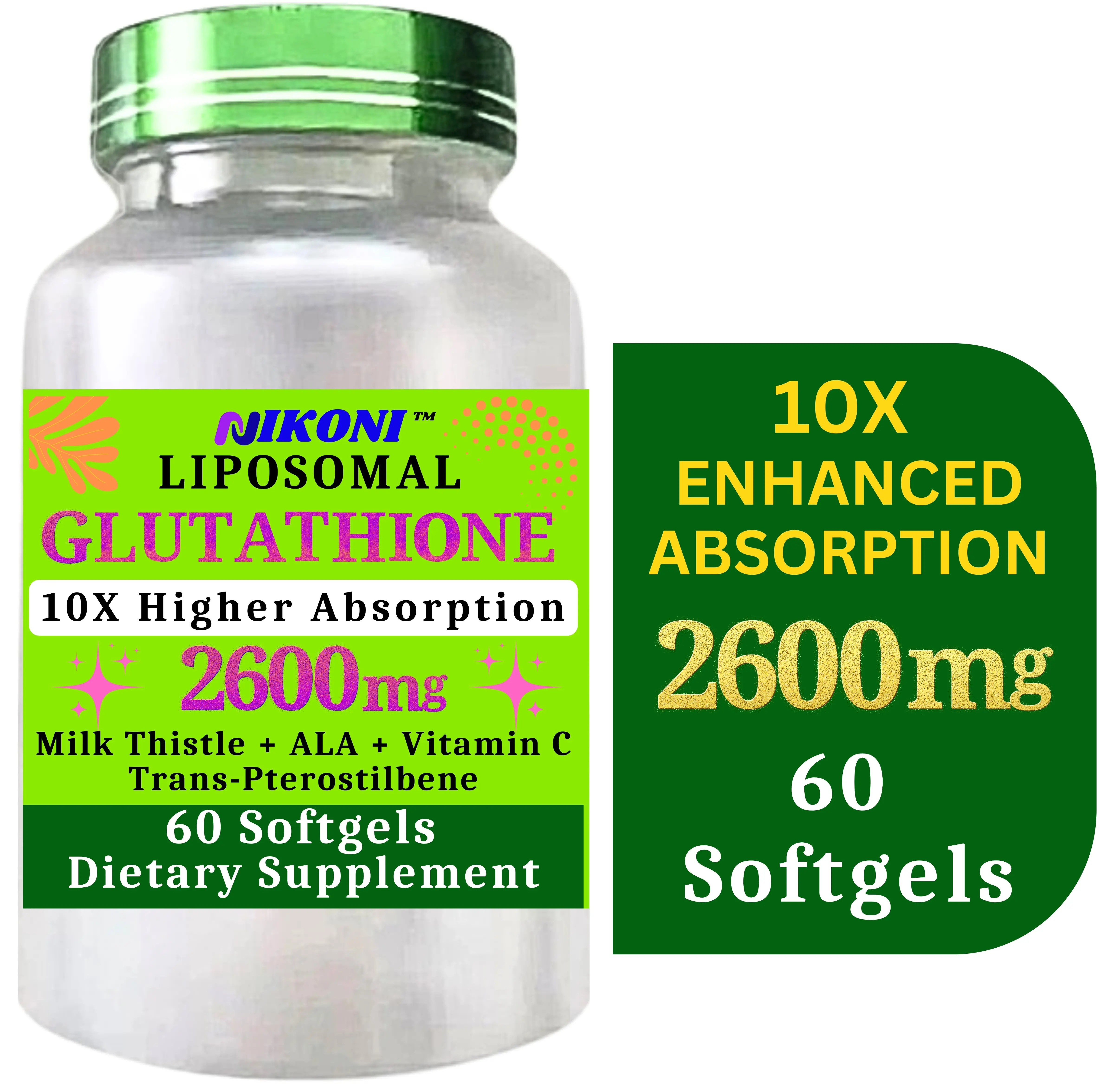 Nikoni L-Glutathione Supplement 2600 mg, Supports Healthy Aging, 60 Liposomal Softgels Healthcare Vitamin Dietary Edible