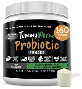 TummyWorks Probiotics for Dogs and Cats. 160 Scoops Probiotic Powder for Digestive Health, Gut, Immunity, Energy, Skin & Coat. 10 Strains, 5 Billion CFUs with 6 Enzymes & Prebiotics. Made in USA.