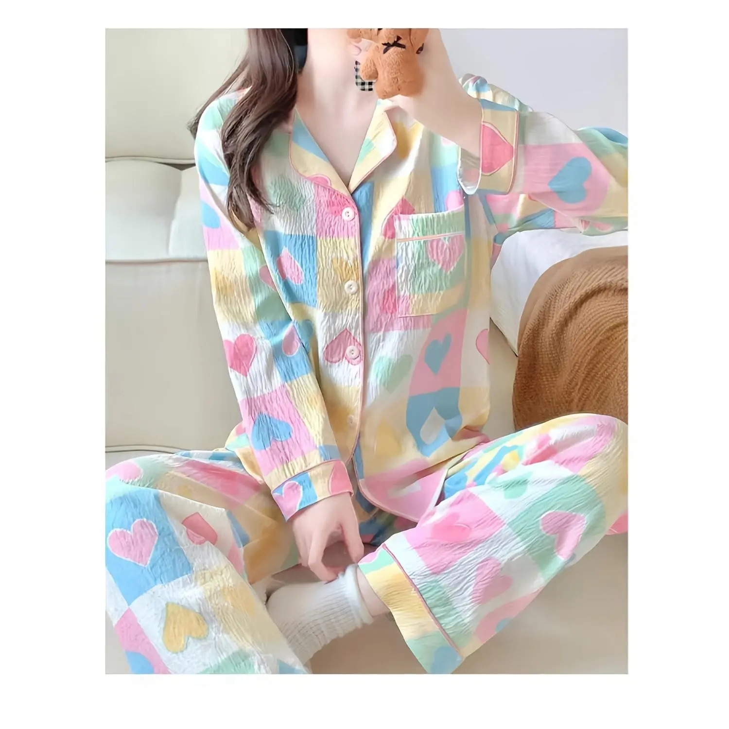 French Romantic Sweet Heart Print Elegant Women'S Pajamas Japanese Korean Harajuku Ins Gentle Refined Fashion Casual Lazy Home Sleepwear 2025 Spring Autumn New 2pcs Set Cloud Long Sleeve Long Pants Lingerie Wearable Outside Home Clothes