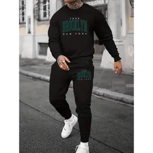 [2Pcs Casual Crew Neck Outfit] BROOKLYN Print, Men's 2Pcs Outfits, Casual Crew Neck Long Sleeve Pullover Sweatshirt And Drawstring Sweatpants Joggers Set For Spring Fall, Men's Clothing