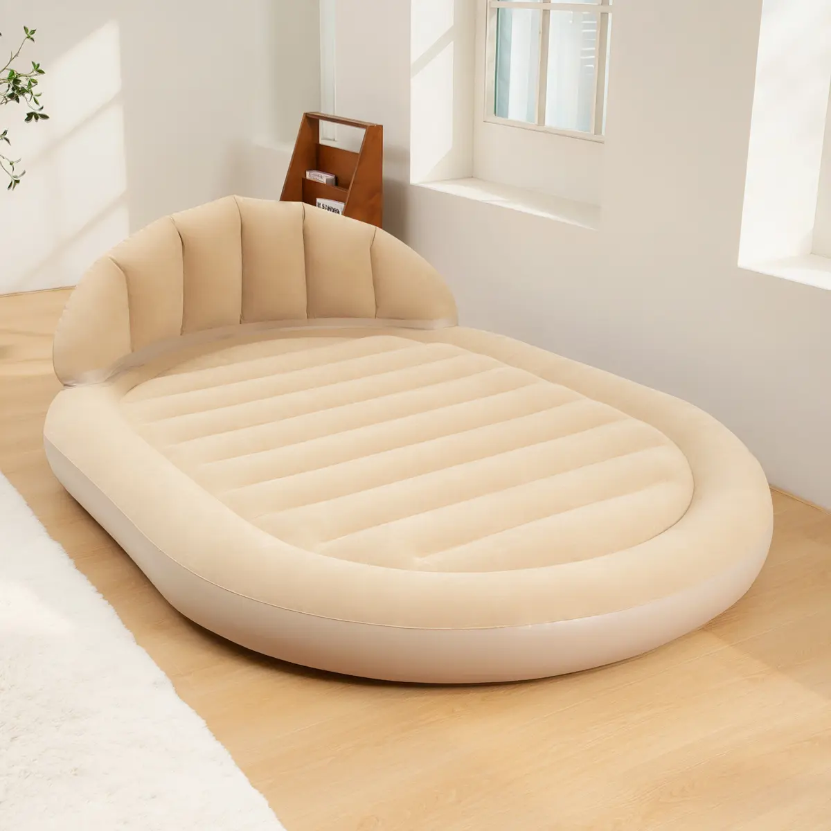 Inflatable Air Mattress Queen Size with Comfortable Backrest and Pump, Raised Headboard Design Air Bed for Adults, Portable Blow Up Mattress with Soft Flocked Surface, Durable Support for Home Guest Room Camping Travel