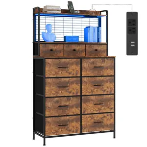 Brown Smart Dresser with 11 Fabric Drawers, Built-in Charging Station & App-Controlled RGB LED Lighting - Industrial Storage Organizer with Anti-Tipping Design for Bedroom, Living Room, Closet