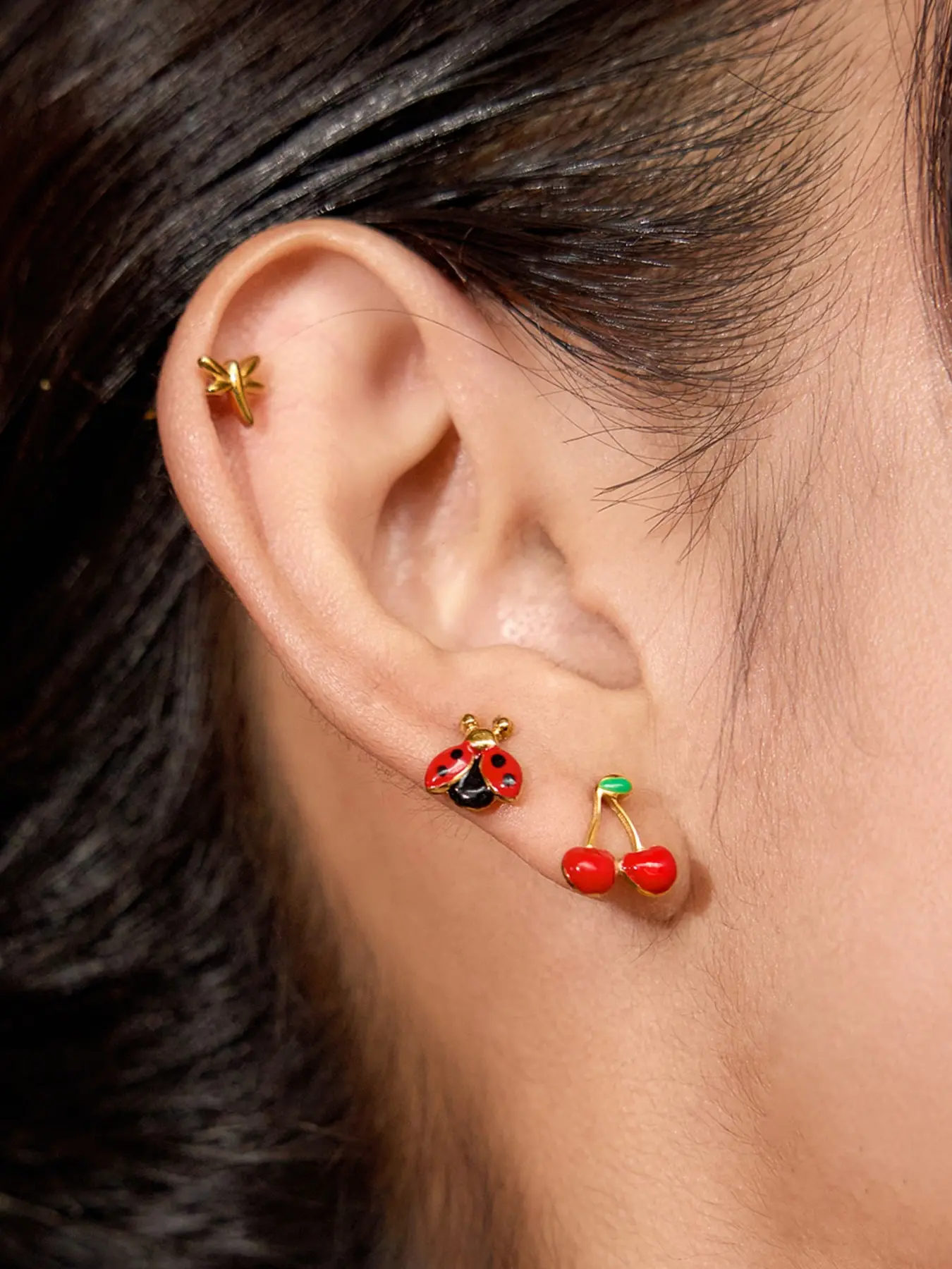Ladies Ear Stud Set Oil Dripping Ladybug Dragonfly Cherry Earrings Earring Studs 3 Pairs 1 Card Earring Stacking Set Stainless Steel 18k Gold Plated Waterproof And Anti Allergy Hypoallergenic Earrings Creative Design Lively Matching Stud Earrings Jewelry