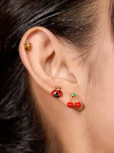 Ladies Ear Stud Set Oil Dripping Ladybug Dragonfly Cherry Earrings 3 Pairs 1 Card Earring Stacking Set Stainless Steel 18k Gold Plated Waterproof And Anti Allergy Creative Design Lively Matching Stud Earrings Jewelry