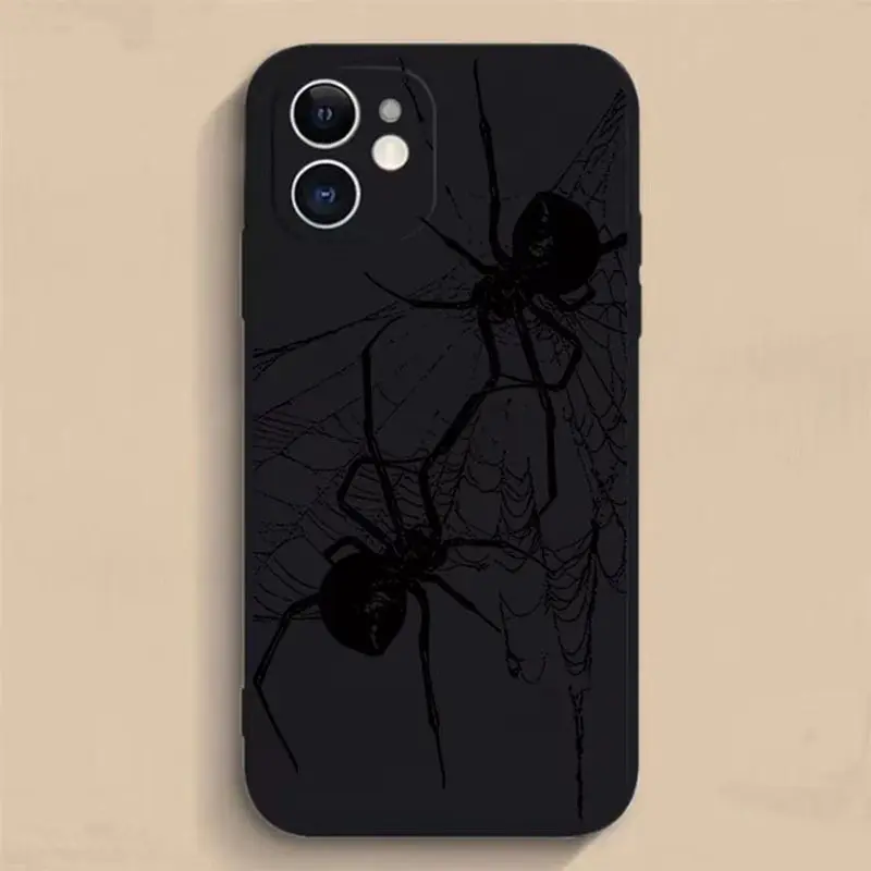 Two Black Spider Pattern Straight Edge Case for iPhone 17 16 15 14 Pro Max 13 12 11 XR XS Plus Shockproof Non Slip Military-Grade Protection Silicone Cove