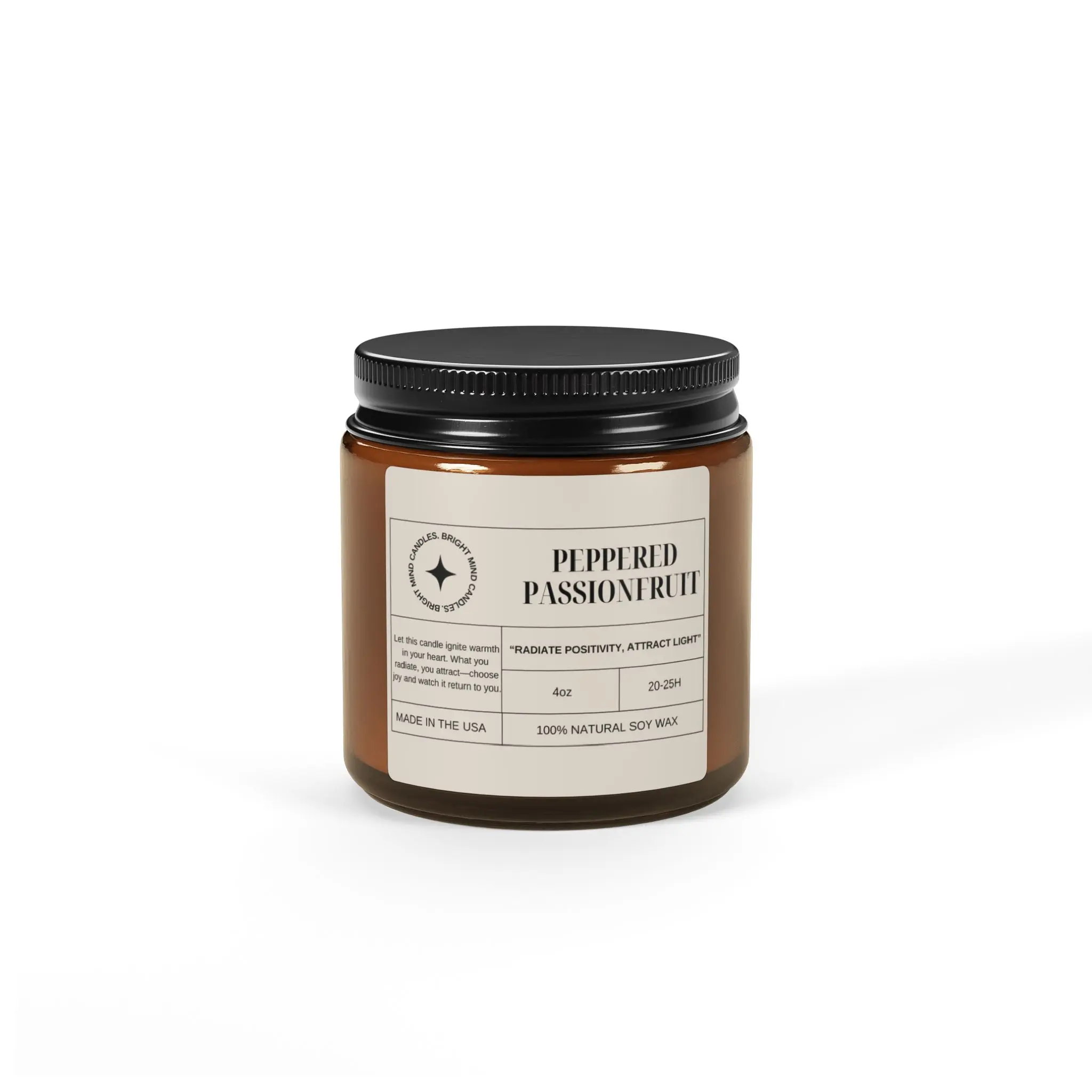 Peppered Passionfruit Candle: Affirmation Candle, Vegan Soy Wax (Multi-Size, Amber Jar 4oz)