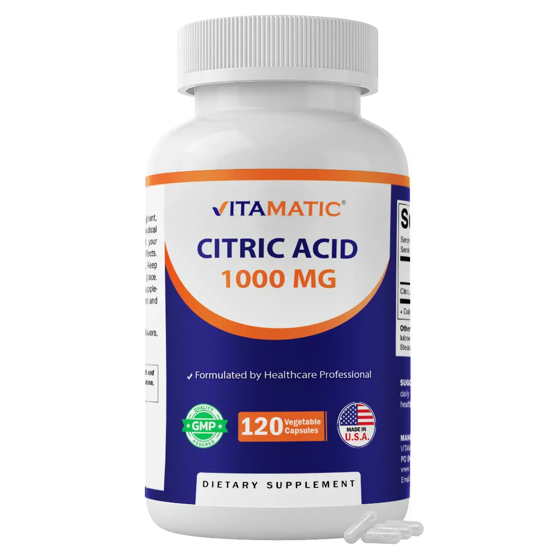 Vitamatic Citric Acid Dietary Supplement Capsules - 1000 mg, 120 Vegetable Capsules, Non-GMO, Gluten-Free, Metabolism Support, Made in USA