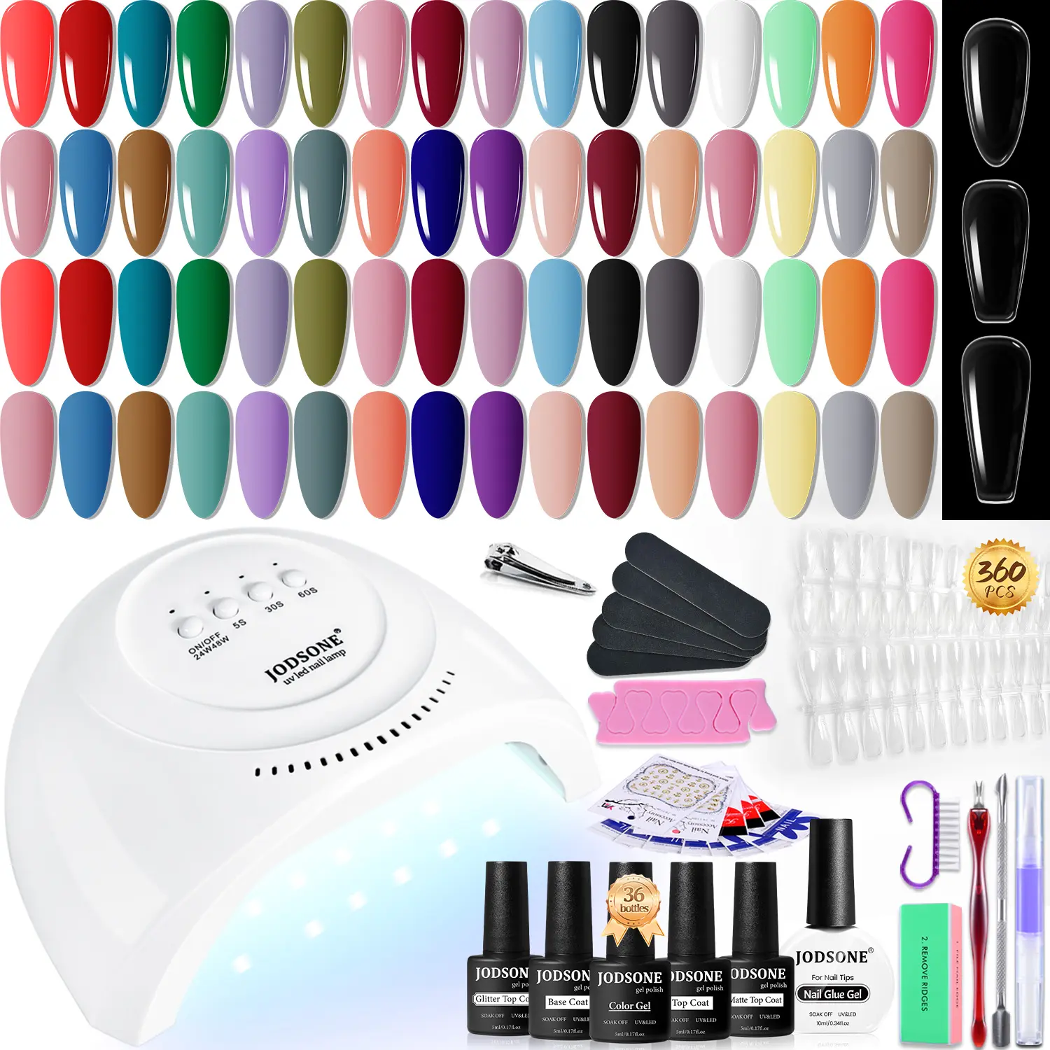 JODSONE 32-Color Gel Nail Polish Manicure Kit with UV Light, Base Coat, Glossy-Matte-Glitter Top Coats, 3 Types of Fake Nails Extension Tips & Glue for Selfcare (Poly Gel Kit Inclusion), Nail Care