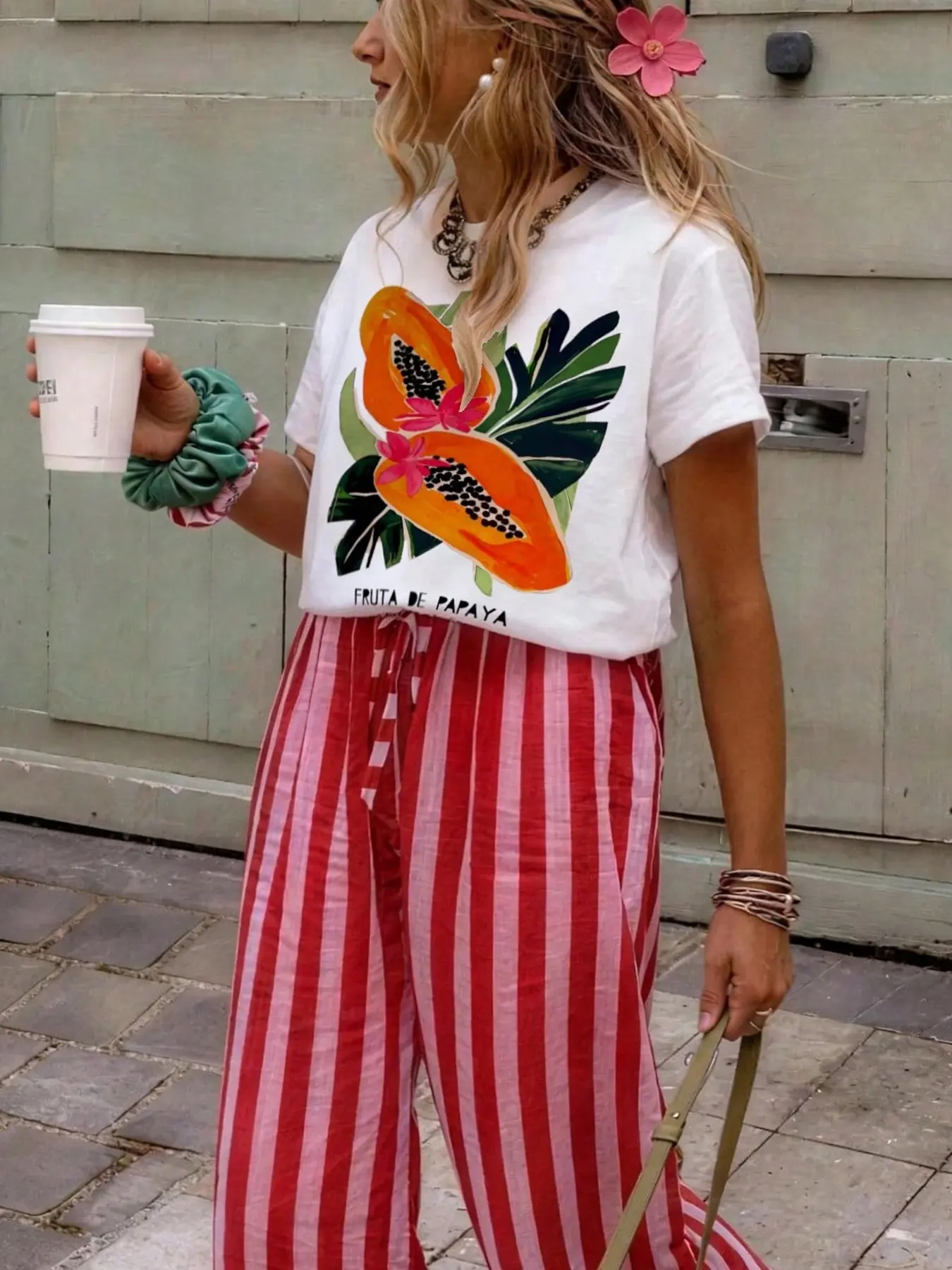 Summer New Simple T-Shirt, Women's Casual Papaya Print Round Neck Short Sleeve, Perfect Gift, Suitable for All Occasions, Y2K Style