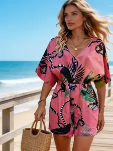 Women's Elegant Floral Printed V-Neck One-Piece Jumpsuit with Loose Fit Back Tie Bowknot, Stylish Short Pants, Perfect for Casual Wear