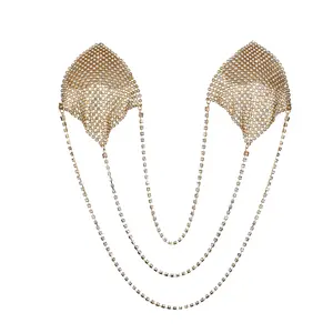 CCbodily Sparkly Rhinestones Metal Chain Nipple Cover with Tassel, Reusable Adhesive Pasties Sexy Bra Body Chains