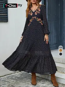 Women's Boho Flroal Embroidery Ruffled Hem V Neck A Line Fitted Woven Womenswear Dress, All Over Print Bishop Sleeve Midi Dress for Spring & Fall, Women's Casual Clothing for Daily Wear
