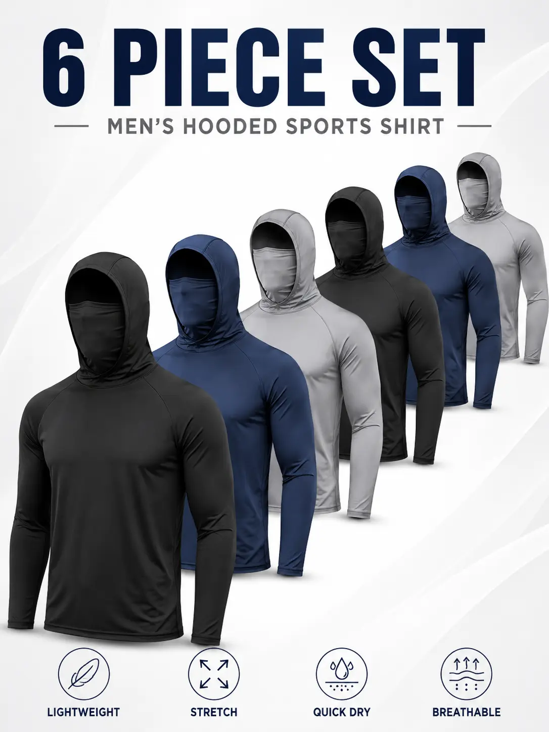 【6-Pack】Men’s Lightweight Sun Protection Work Hoodies, Long Sleeve Breathable Shirts with Face Mask for Hot Weather Outdoor Jobs and Sports men