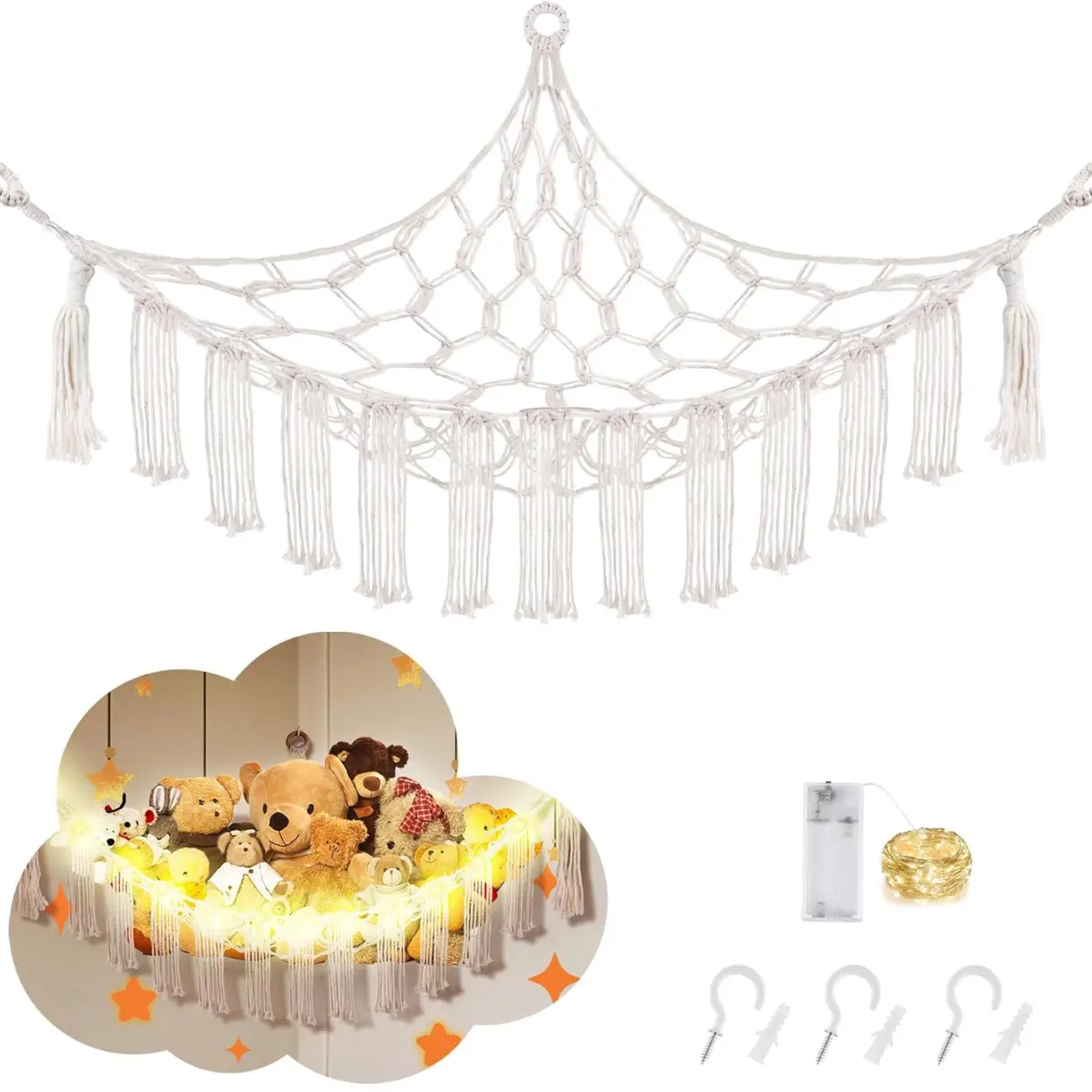 Macrame Hanging Net Hammock for Stuffed Animals with LED Light - Corner Toy Storage for Kids, White Hangable