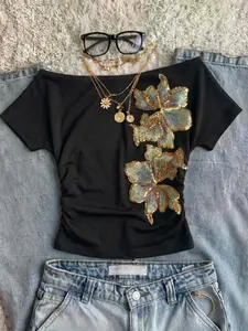 Black Off-Shoulder Short Sleeve Top with Sequin Floral Embroidery – Slim Fit Ruched Waist Tee for Women, Retro Y2K & Edgy Aesthetic, Soft Stretchy Fabric, Statement Sparkly Design, Versatile Night Out & Casual Streetwear, Flower