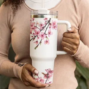 Cherry Blossom Floral Stanley Dupe Tumbler 40oz Aesthetic Pink Sakura Design Insulated Stainless Steel Cup with Handle & Straw Gift for Her Spring Vibes