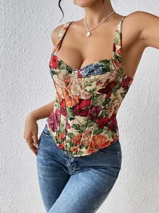 French Court Bow Floral Sexy Body Shaper, Erotic Tight-Fitting Dress, Women's Backless Print Top, Spaghetti Strap, Wearable, Floral Pattern