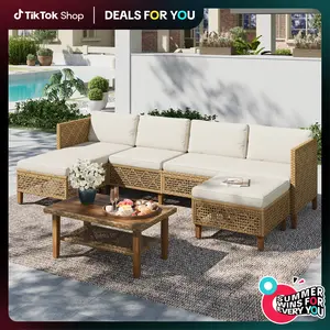 【1 or 2 Packages Shipping】PHIVILLA Boho Wicker Patio Furniture Sofa Set, 3/5 Seaters, Outdoor Rattan Sectional Sets Conversation Set - Weather-Resistant, with Dual Storage Coffee Table Acacia Wood Legs for Garden, Patio & Deck,DealsForYouDays
