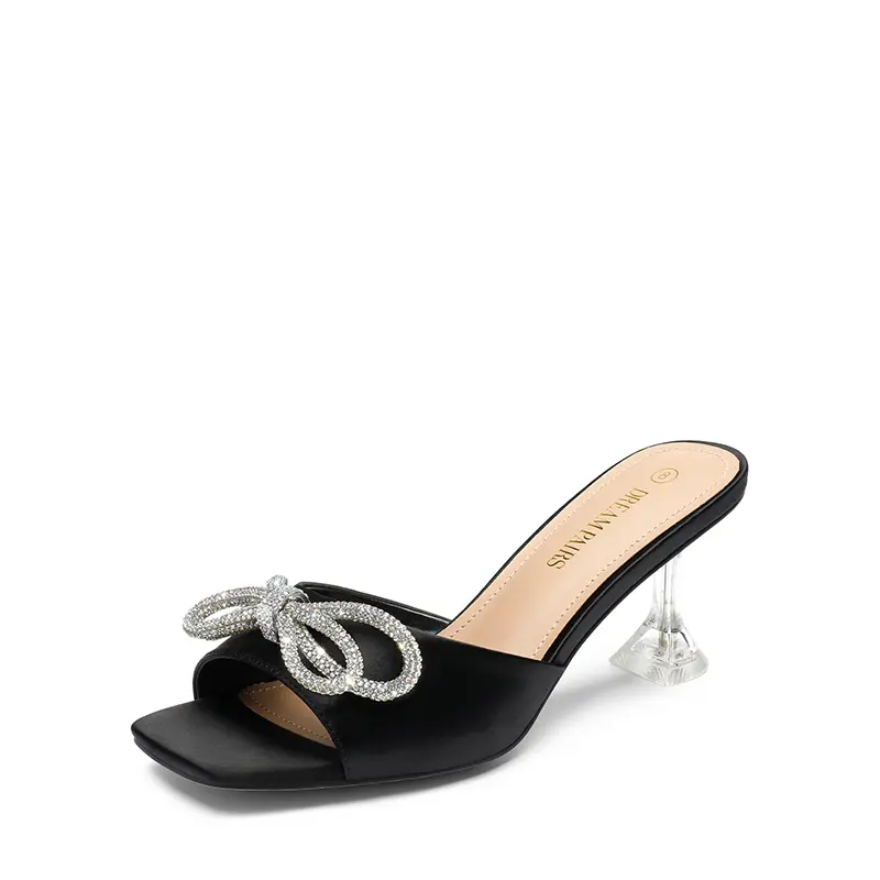 Dream Pairs Women's Heeled Mules with Rhinestone Double Bow, Elegant Satin Square Toe Statement Shoes with 2.76" Transparent Heel, Footwear, Sparkle, Slip On, Transparent/Strap, Rhinestones, Spacious Fit, Party Wear, Rhinestone Women's Sandals