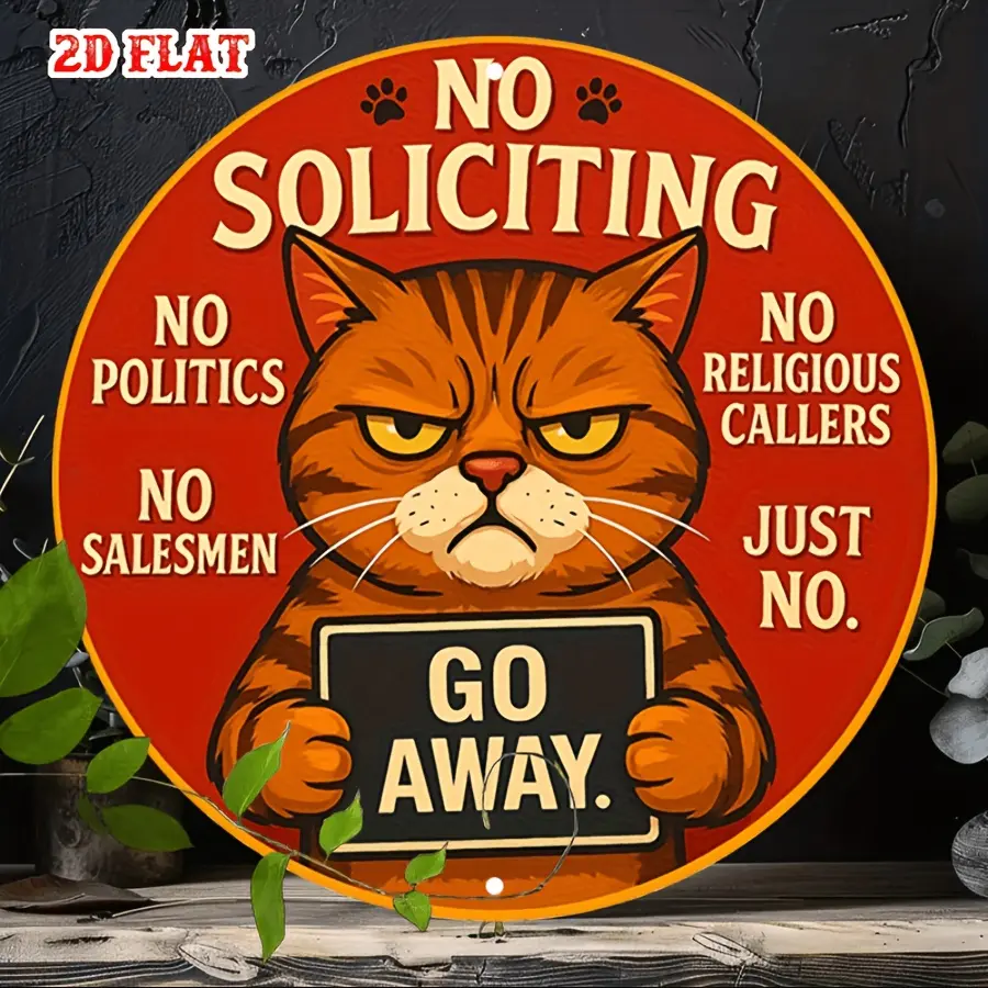 1pc Rustproof Classic Retro Round 2D Flat Angry Cat "No Soliciting - GO AWAY" Metal Plaque Sign, Durable Home Wall Decor with Pre-Drilled Holes, Ideal for Bros, Dads, Husbands as Anniversary Gift