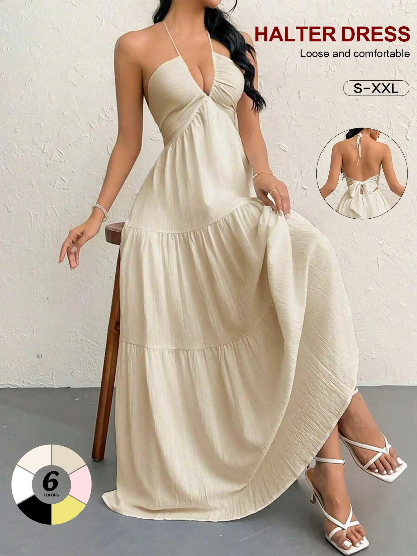 2026 European Style Chic Strapless Backless Halter Dress, Deep V Neck Tie Waist Adjustable Long Dress, Sexy Slimming Leg-Length Fairy Dress for Summer maxi dress sundress bouncy dresses sister white dress
