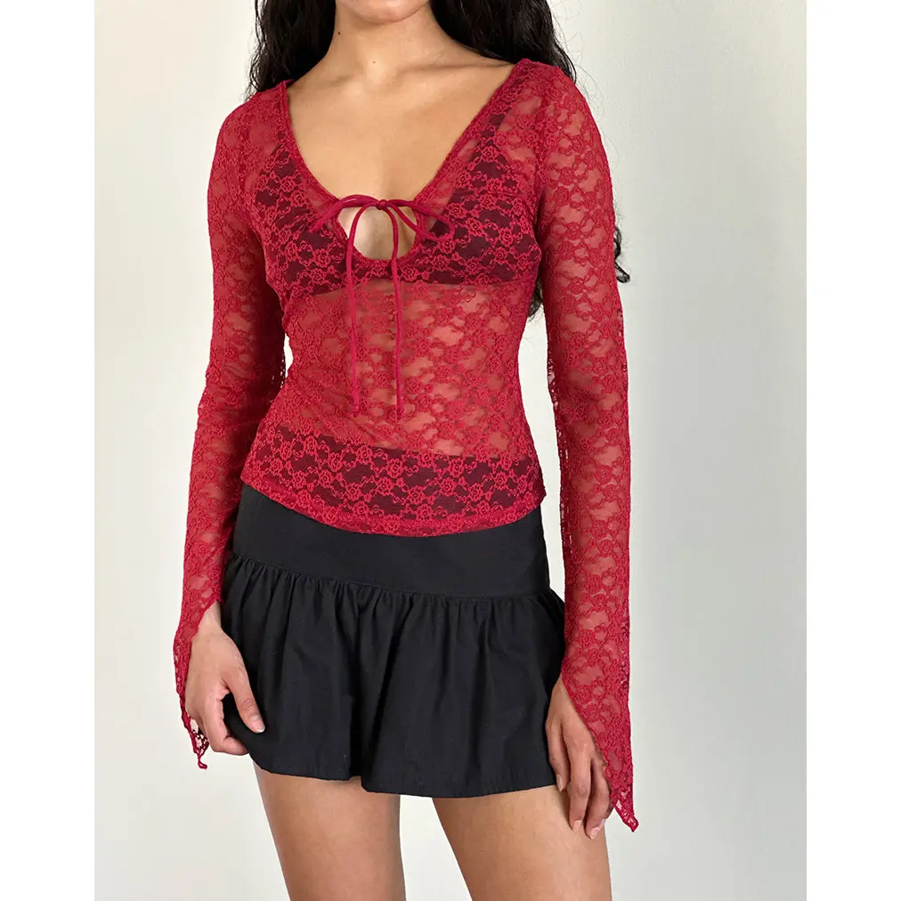 Natasha Tie Front Top in Mari Lace Red