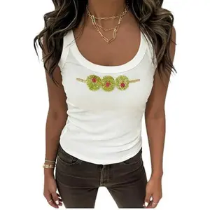 Cute Beaded Graphic Summer Tank Tops for Women Embroidered Sequin Knit Ribbed Tee Shirt Y2k Beachy Crop Tops