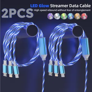 3 in 1 LED Glow Charging Cable 2 Pack, 4ft Fast Charging Light Up Streamer Cord with USB C/Micro USB/Lightning, Nylon Braided Anti-Tangle Universal Charger for iPhone Samsung Android Car Travel Home#SummerVibes