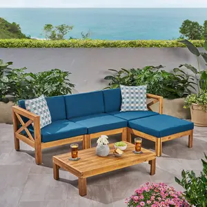 L-Shaped Teak Outdoor Sofa Set, Patio Sectional Set, Weather-Resistant Outdoor Furniture for Patios