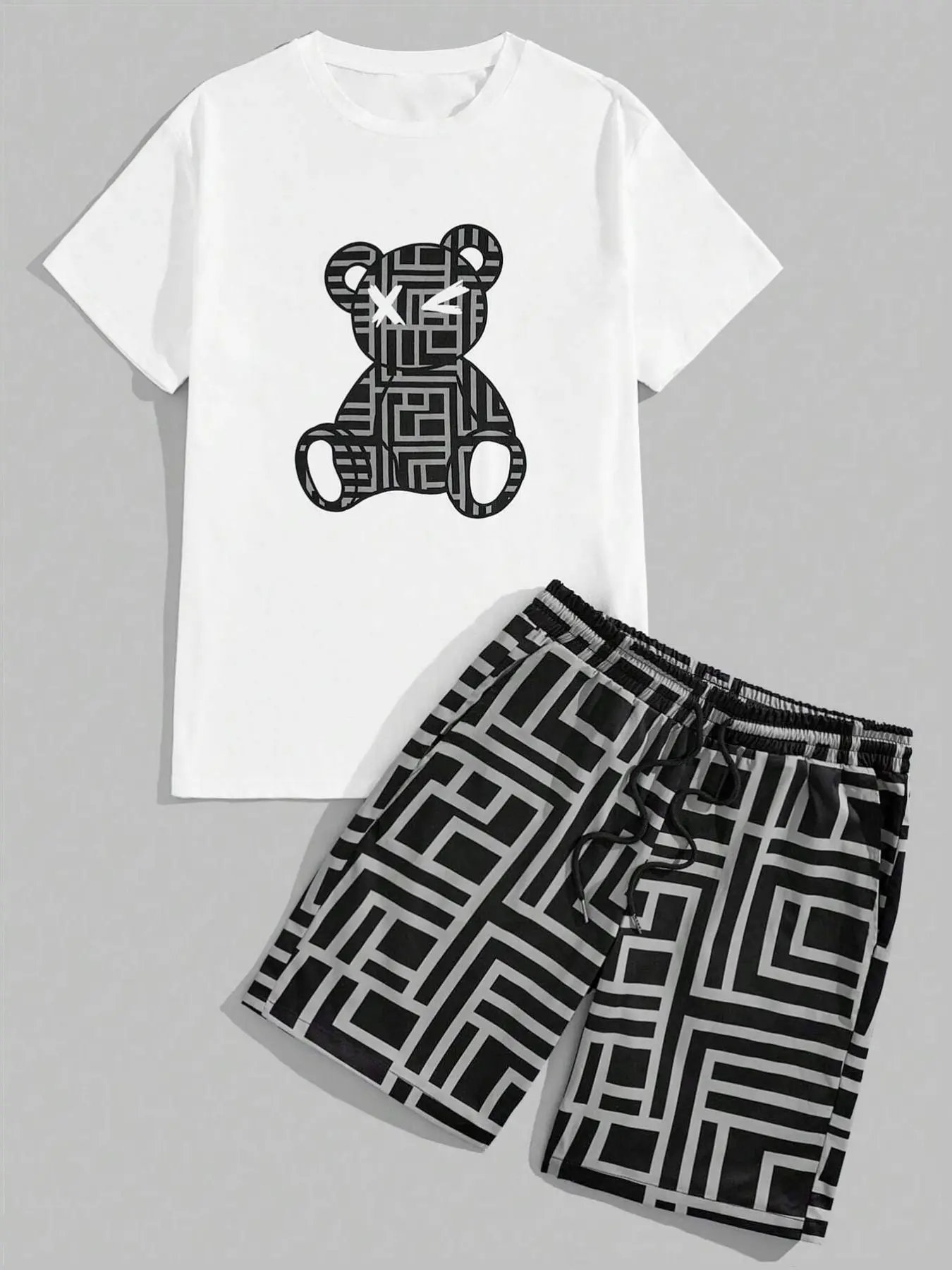 Men's All Over Bear Print Tee & Shorts Set, Regular Fit Casual Fashion Short Sleeve T-shirt & Track Shorts, Men's Summer Clothes, Menswear