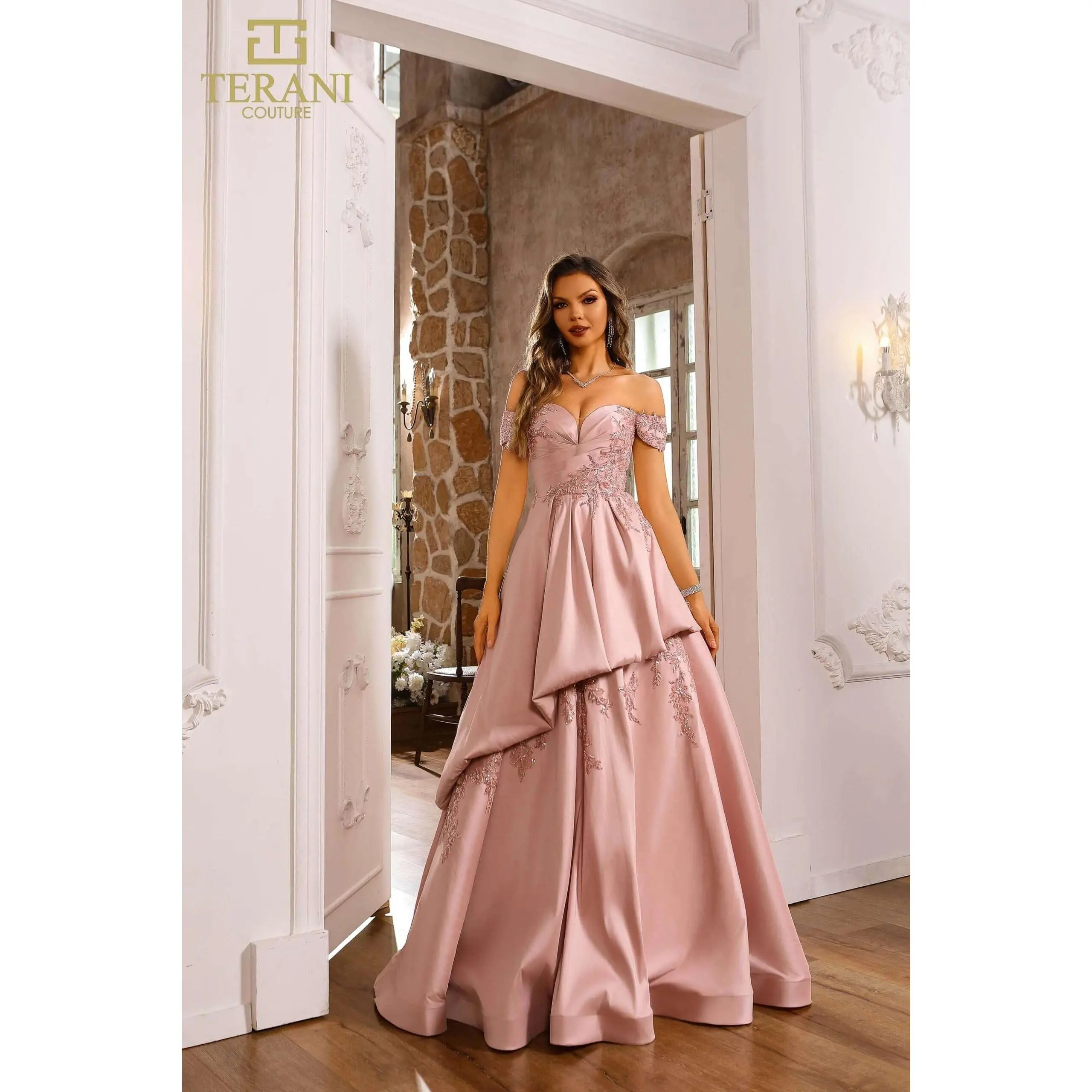 Satin Off The Shoulder Blush Ballgown