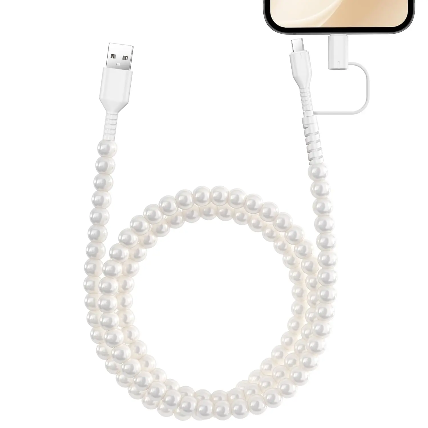 Pearl-Decorated 2-in-1 Charging Cable, 3.3 ft Fast-Charging USB-C and Lightning Data Cable, Colorful Phone Charging Accessories Compatible with All Devices, Holiday Gifts