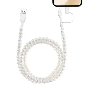 Pearl-Decorated 2-in-1 Charging Cable, 3.3 ft Fast-Charging USB-C and Lightning Data Cable, Colorful Phone Charging Accessories Compatible with All Devices, Holiday Gifts
